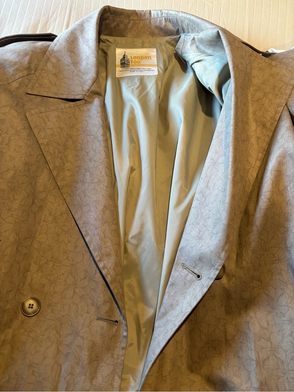 London Fog Taupe Floral Jacquard Trench Coat - Picture 5 of 6